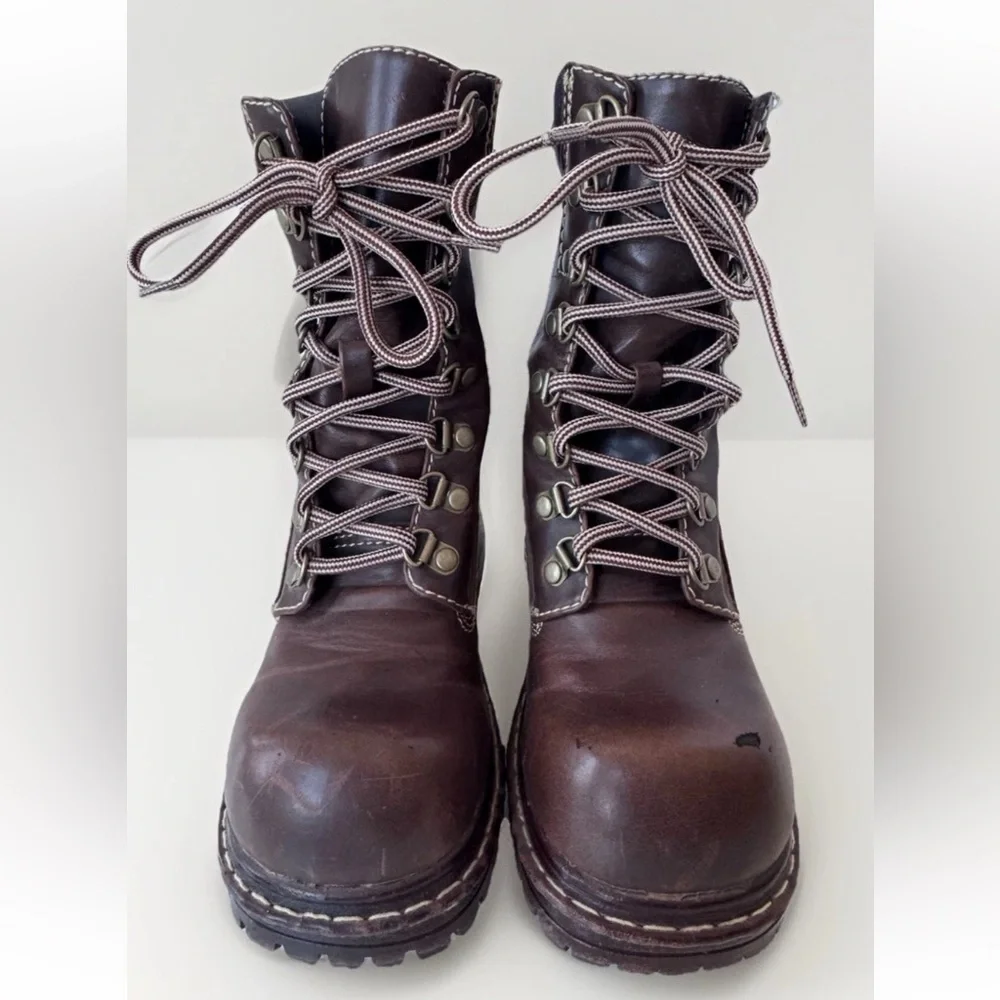 Vintage 90s Y2K SODA Brown Faux Chunky Platform Distressed Lace up moto boot 6.5 - Picture 4 of 13